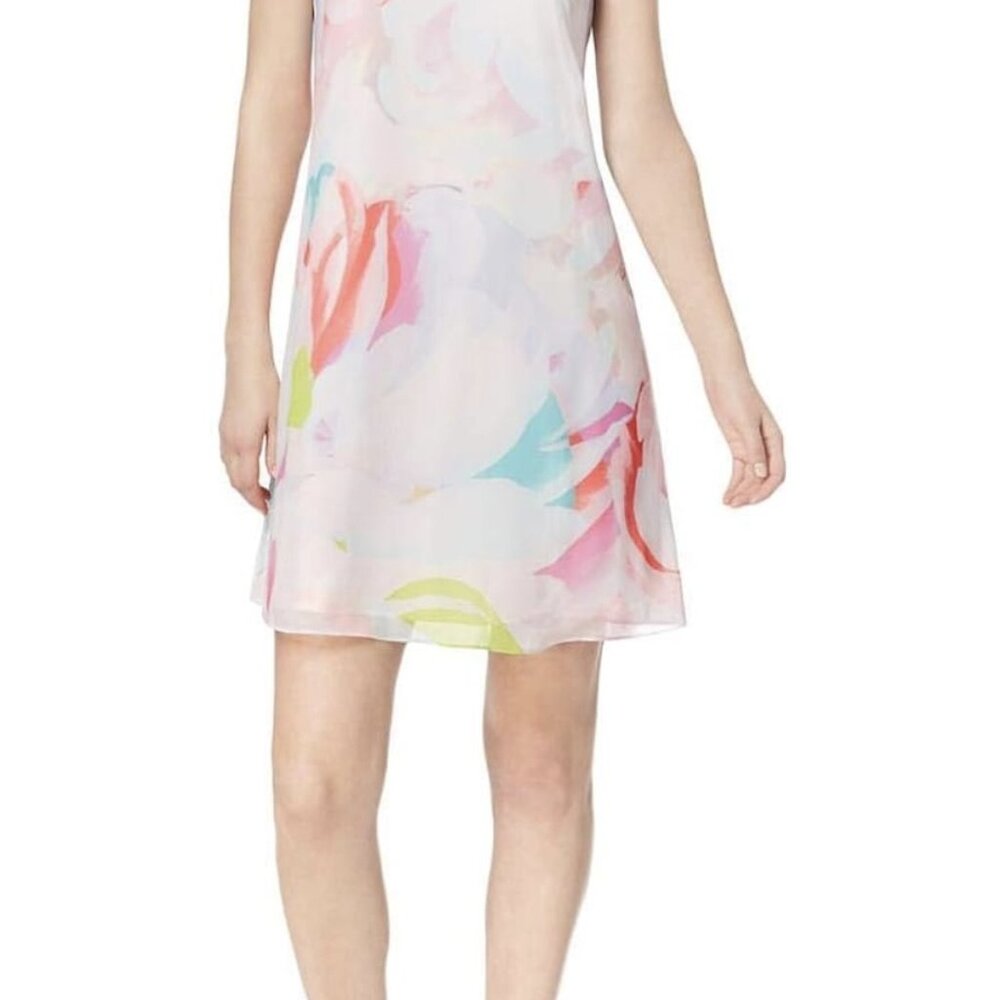 Calvin Klein Womens Shift Dress Size 2 Lined White Multicolor Floral Sleeveless - Picture 6 of 7